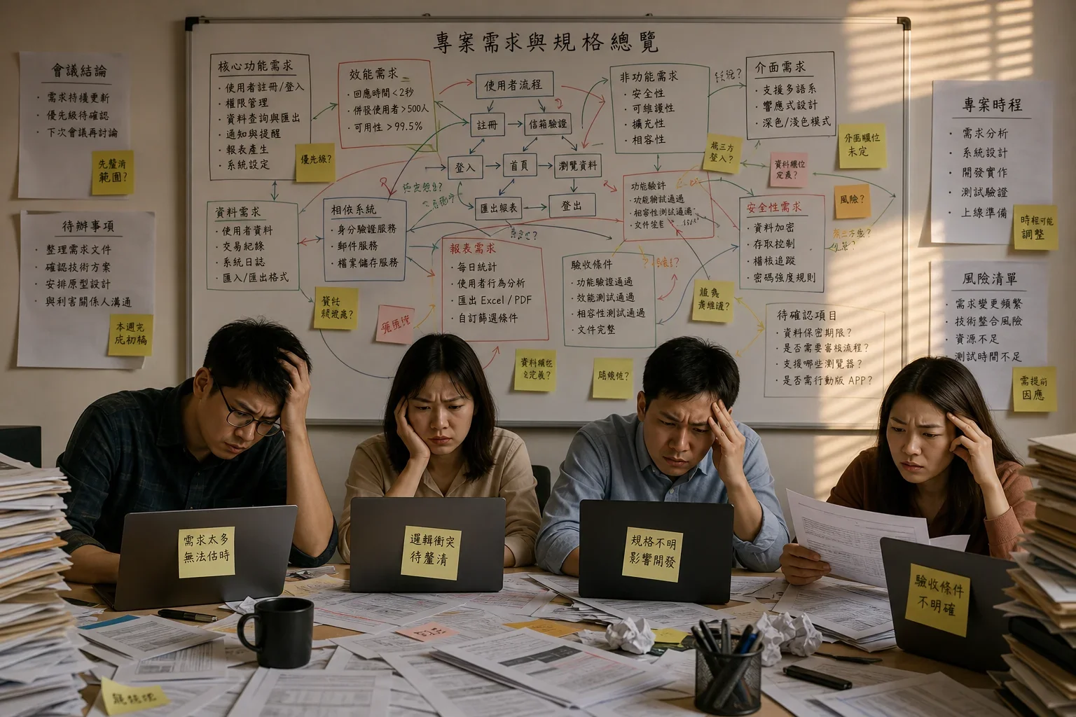 AI 寫作工具選擇：混亂的辦公室場景中，團隊面對著筆記本電腦，白板上滿是需求與規格，光影交錯