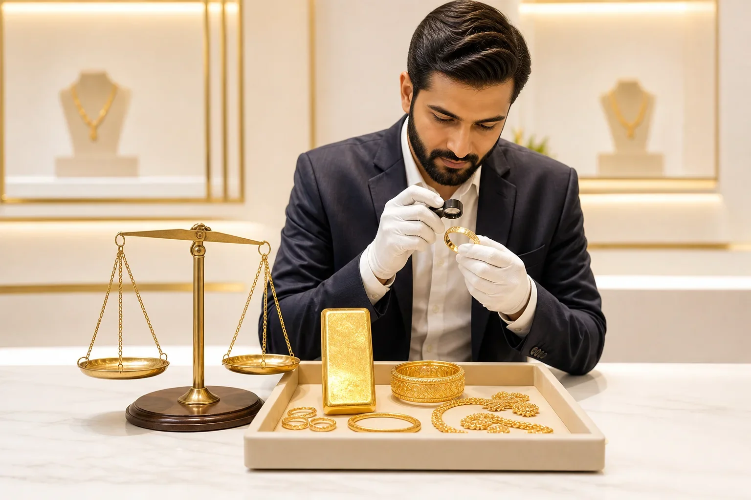 專業珠寶商在溫暖燈光下檢查金條和舊金飾換金條注意事項