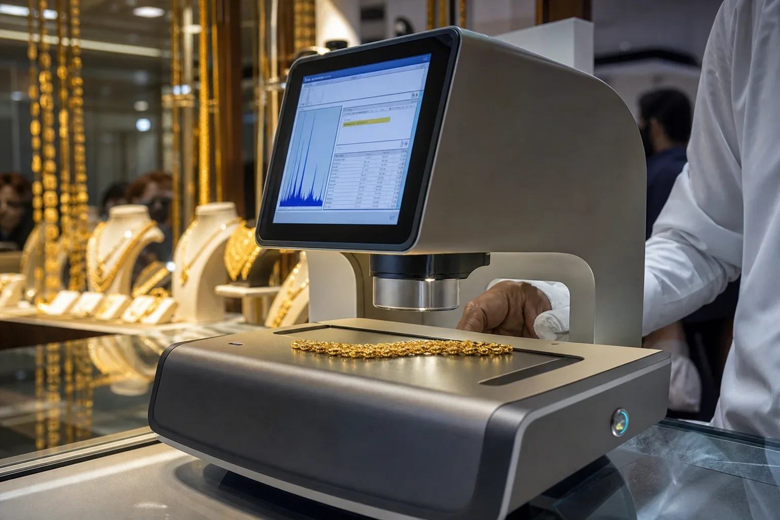 珠寶店內使用XRF機器測試舊金飾的過程顯示結果