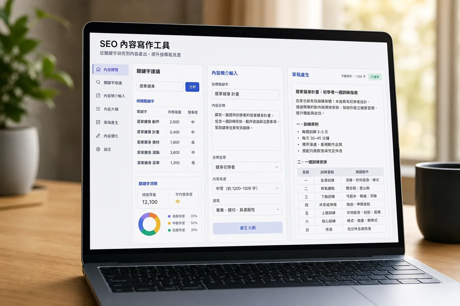 SEO寫作工具選擇:在現代化介面中展示的SEO寫作工具,包含關鍵字建議和初稿生成功能
