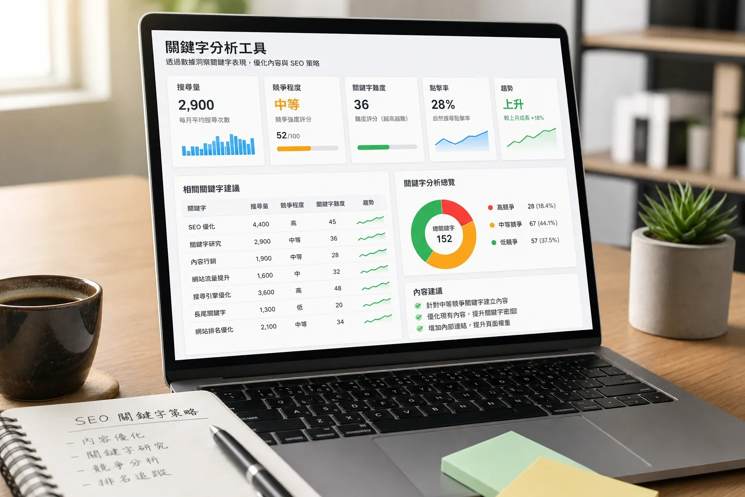 在現代家辦公室中使用關鍵字競爭分析工具的界面,顯示搜尋量和競爭分數