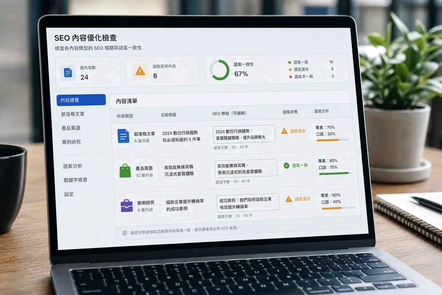 SEO插件選擇：在現代工作空間中，電腦螢幕顯示SEO插件介面，包含可編輯標題欄位與內容類型的不同區塊
