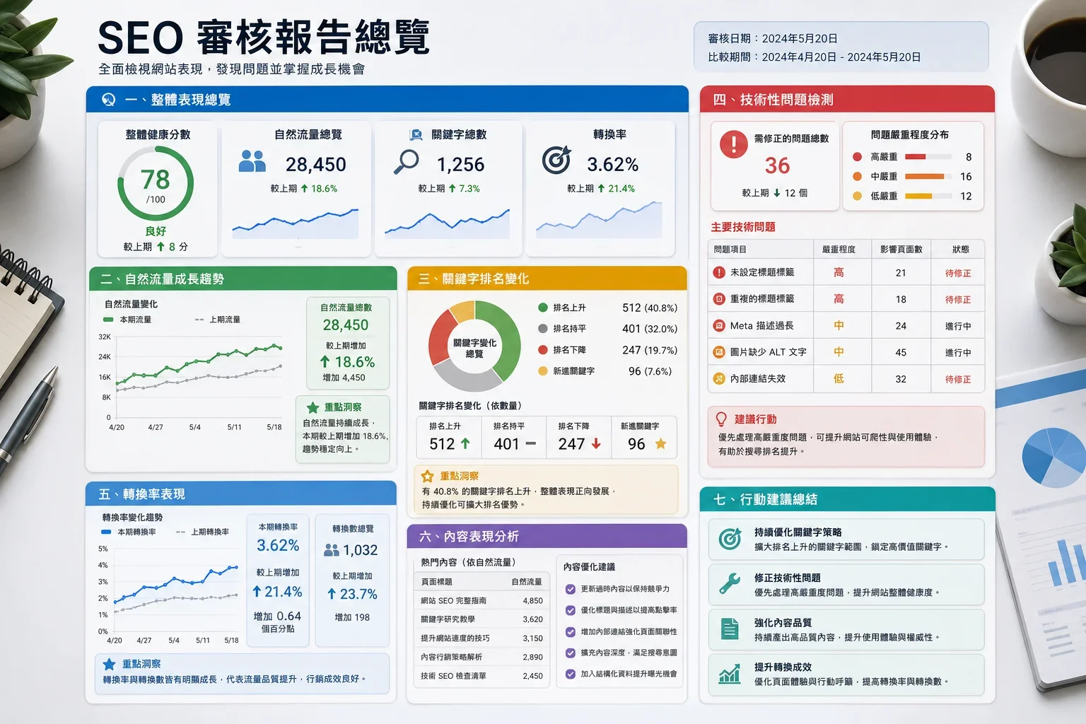 SEO健檢報告的價值評估:現代數位工作空間中展示的SEO健檢報告,包含自然流量成長率和關鍵字排名變化等指標