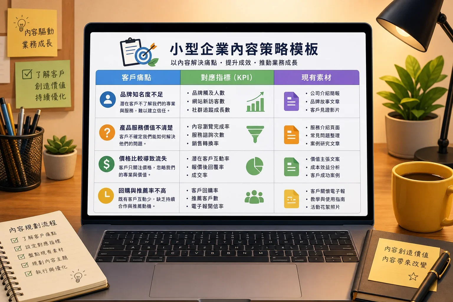 在現代筆記本上顯示的內容規劃模板，包含客戶痛點、KPI與現有素材的清晰表格