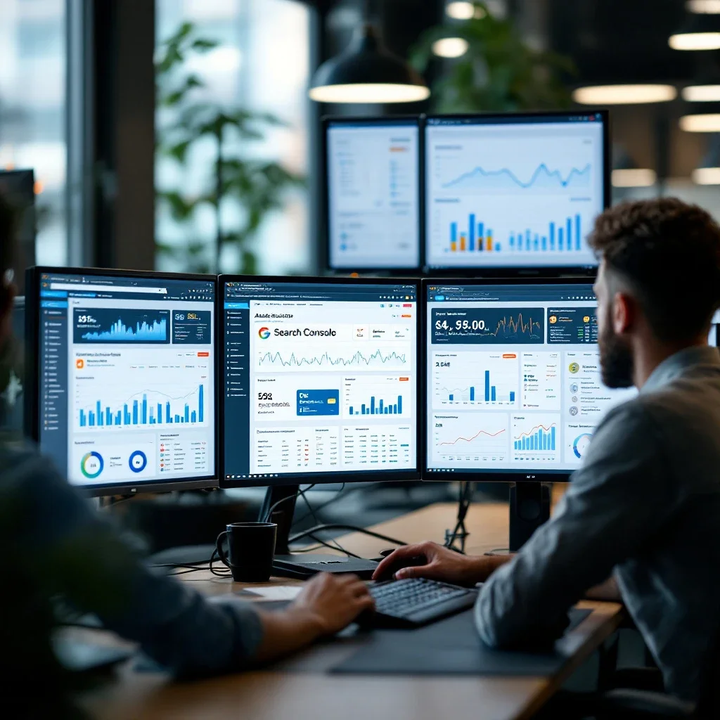 新手 SEO 寫作錯誤:專注分析數據的人在現代辦公室中使用多個螢幕查看Google Search Console、Ahrefs和WordPress儀表板