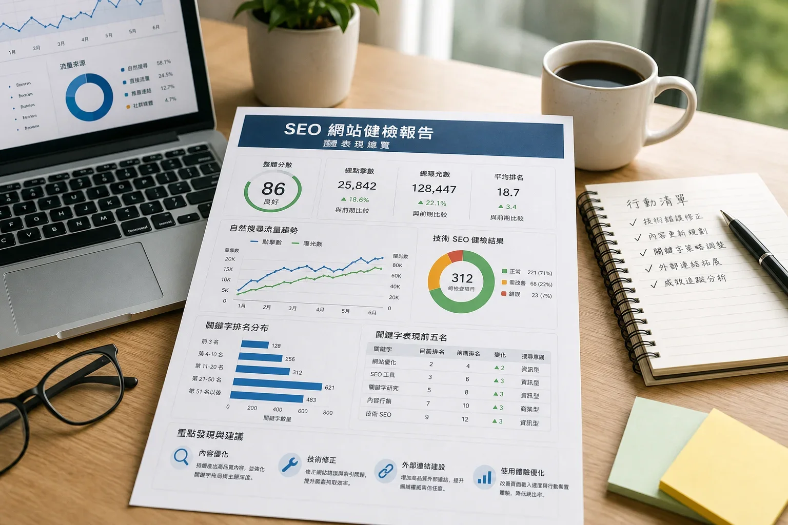 針對小型企業的SEO健檢報告指南:現代辦公桌上開放的SEO健檢報告,顯示流量和關鍵字表現的圖表