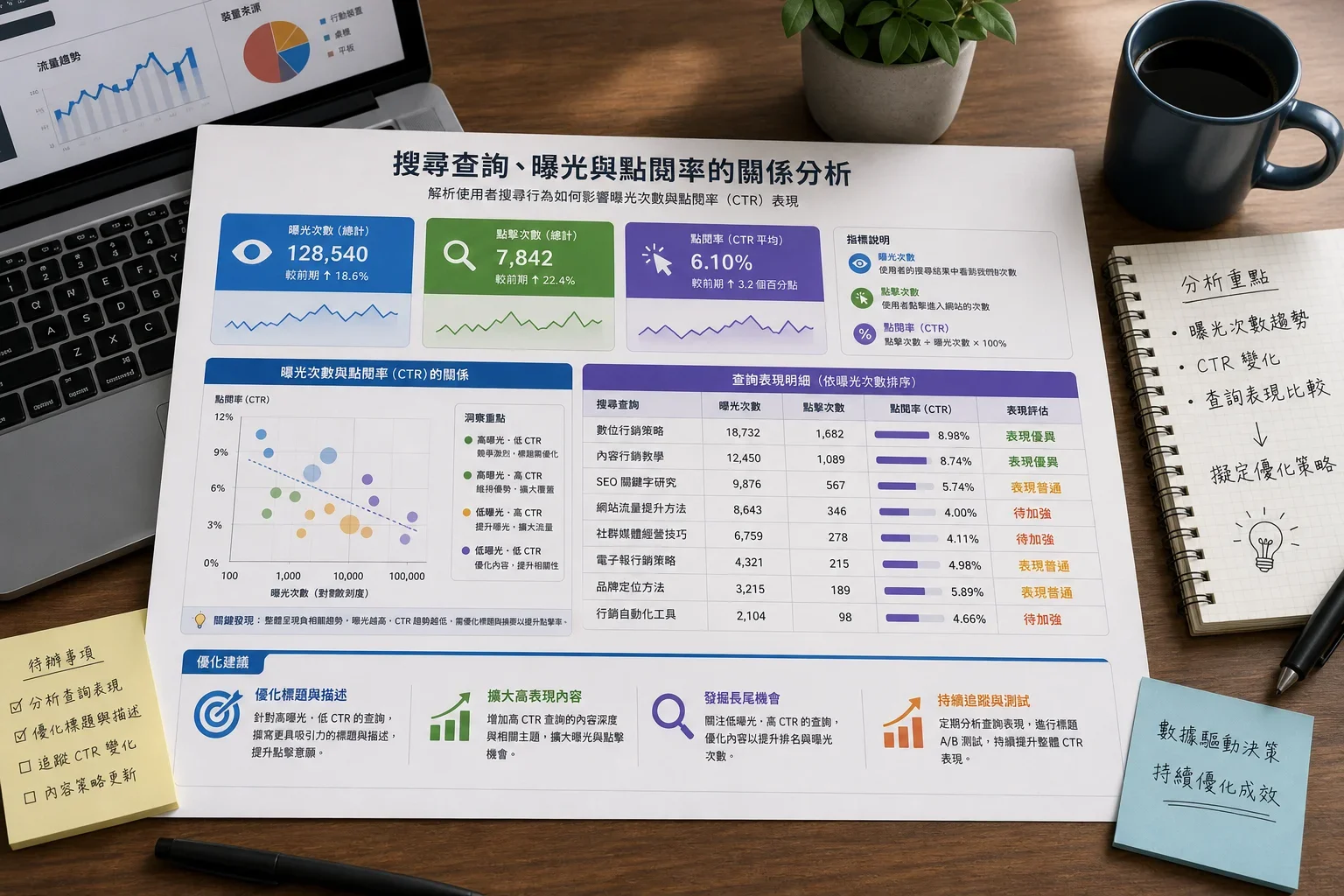 GSC 怎麼用:在現代辦公桌上分析查詢字、曝光與CTR的關係圖表