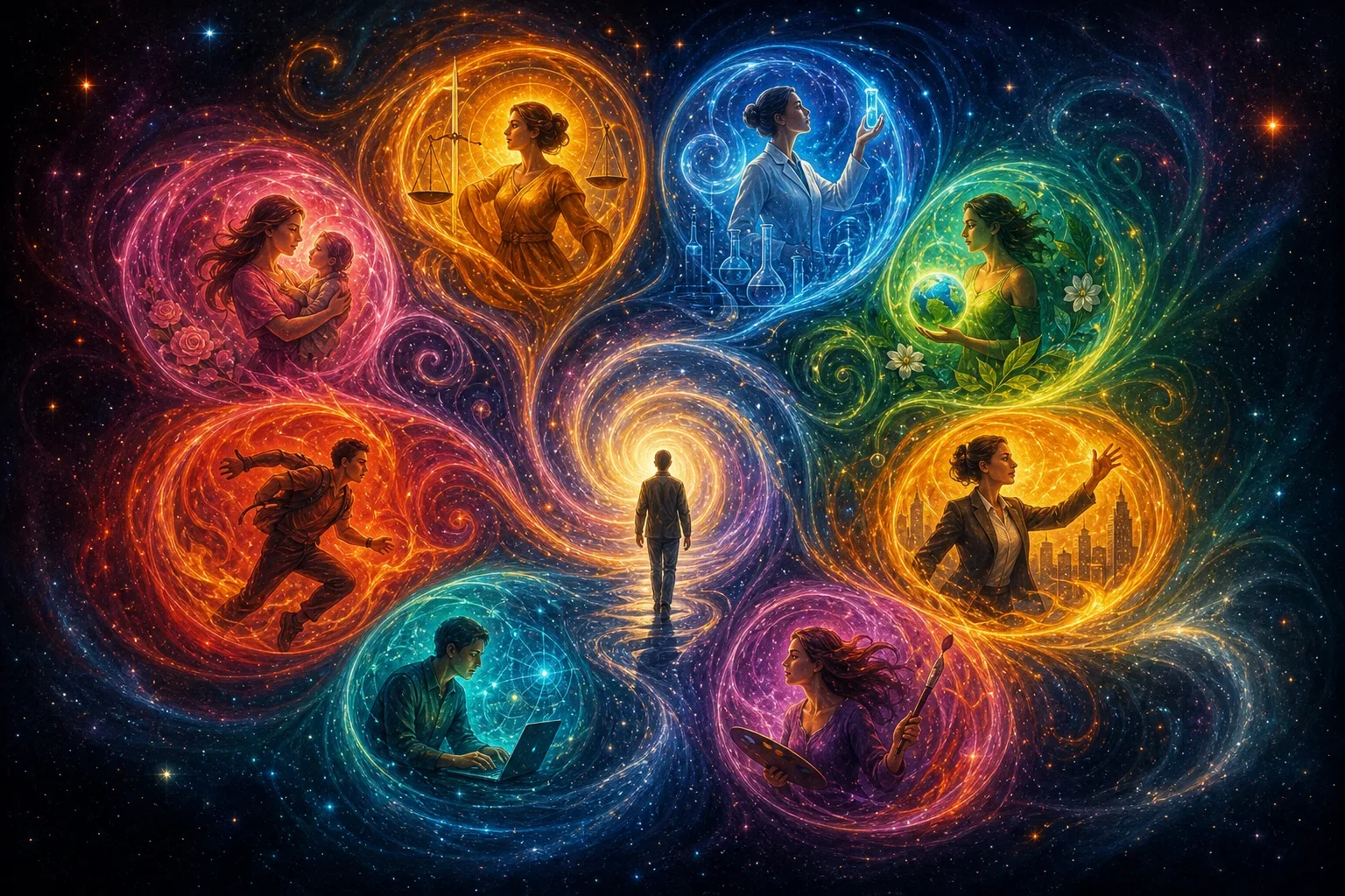 宇宙背景中數字與職業象徵交織的生命靈數事業指引圖像