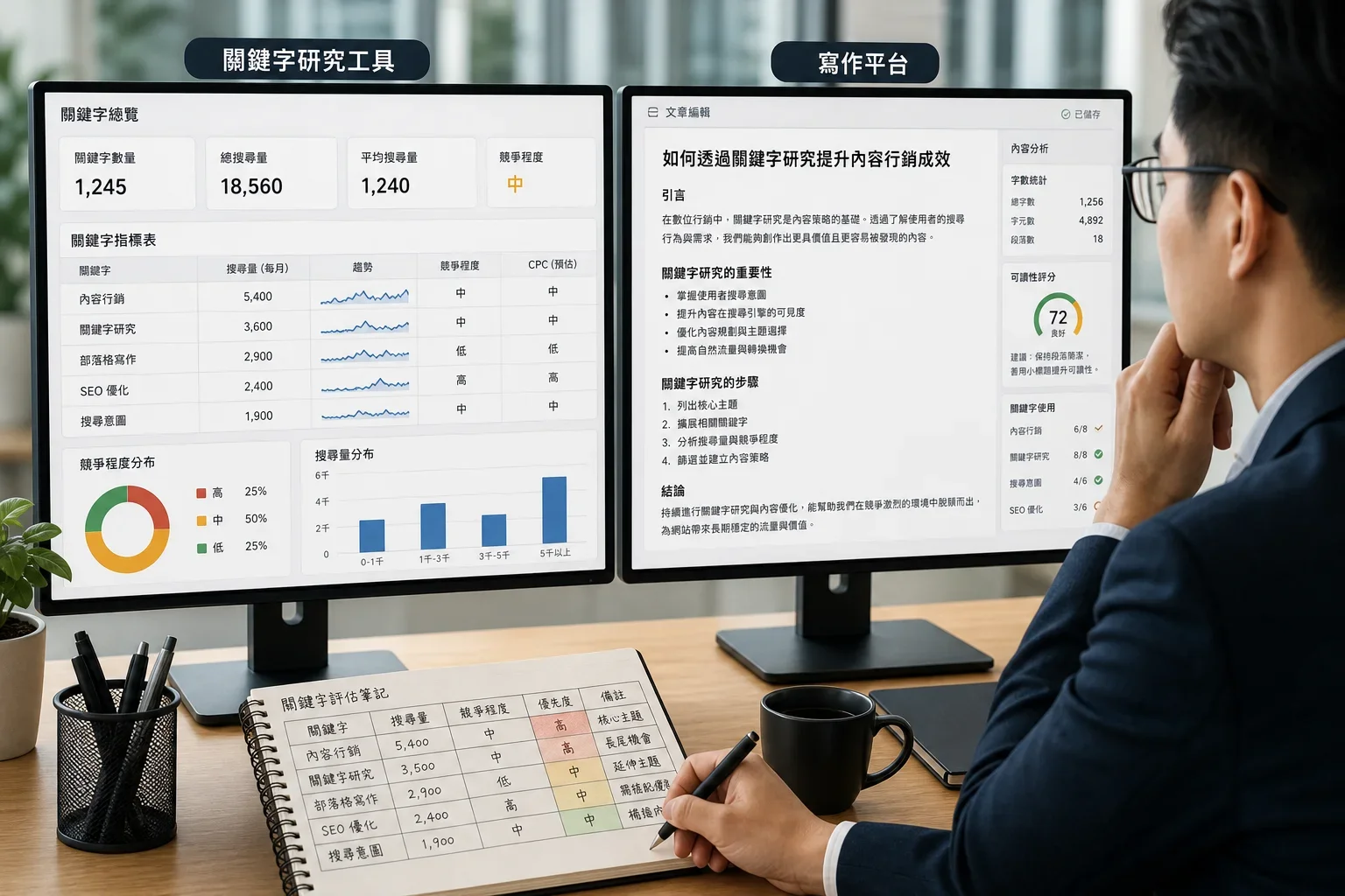 自動化寫作技術:用戶在分析關鍵字研究工具與寫作平台的數據,旁邊有筆記本進行思考