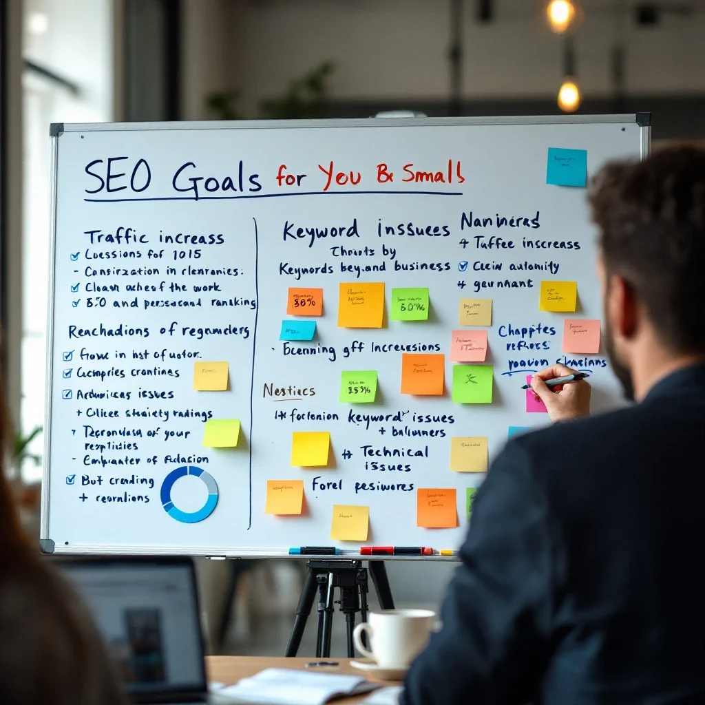 選擇 SEO 工具:白板上列出小企業的SEO目標與指標,背景有筆記本和咖啡杯