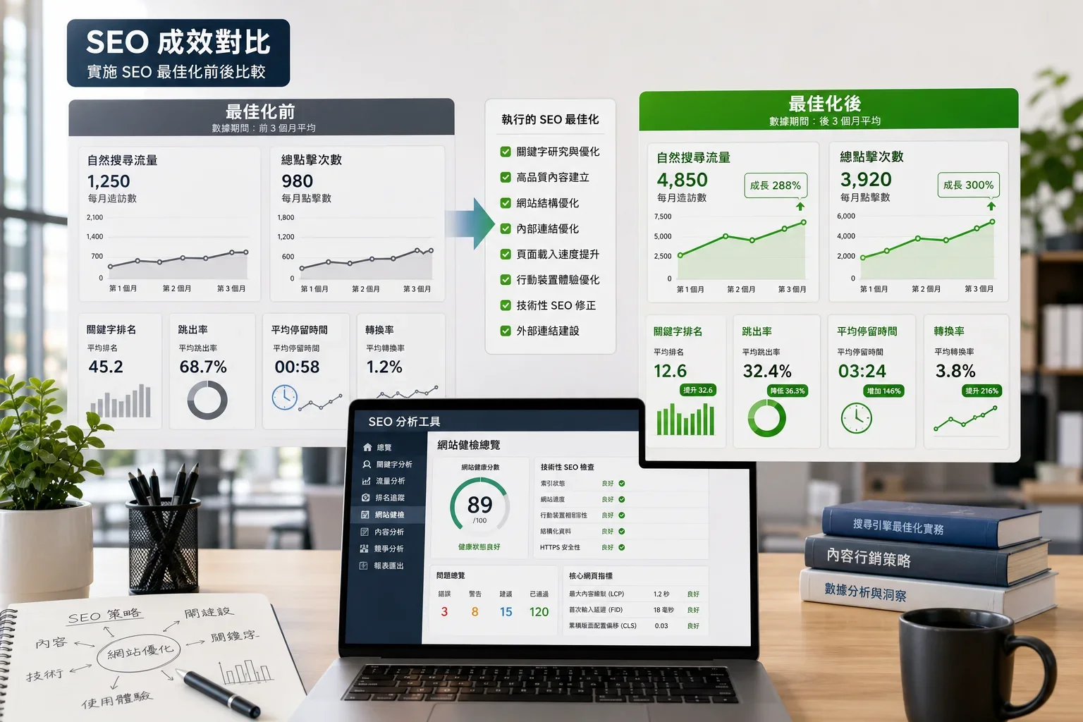 行業特定的 SEO 寫作策略：顯示網站SEO表現的圖表，強調行業特定的SEO寫作策略