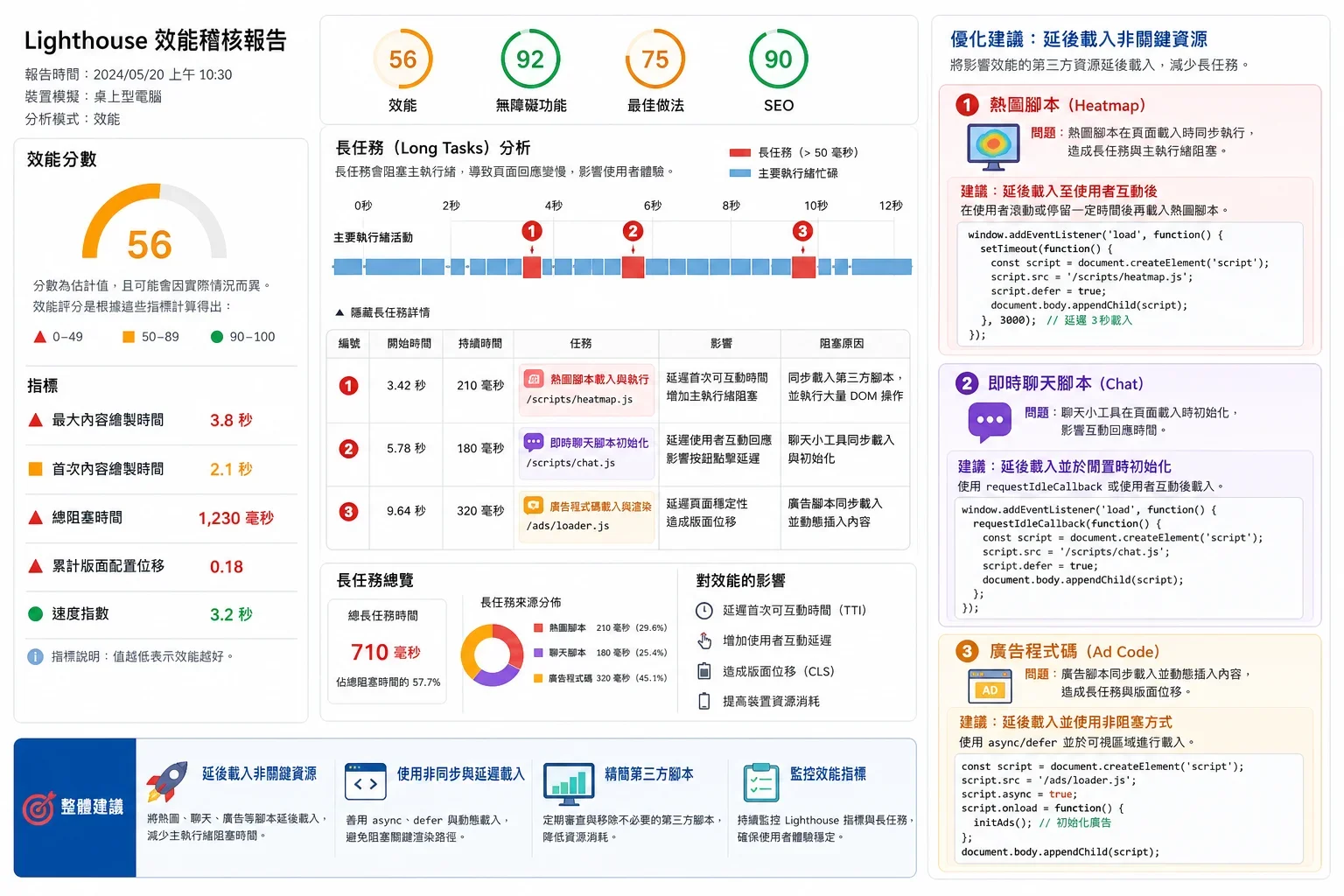 螢幕截圖顯示網站性能審核報告，標示長任務與資源延遲對提升網站速度工具的影響