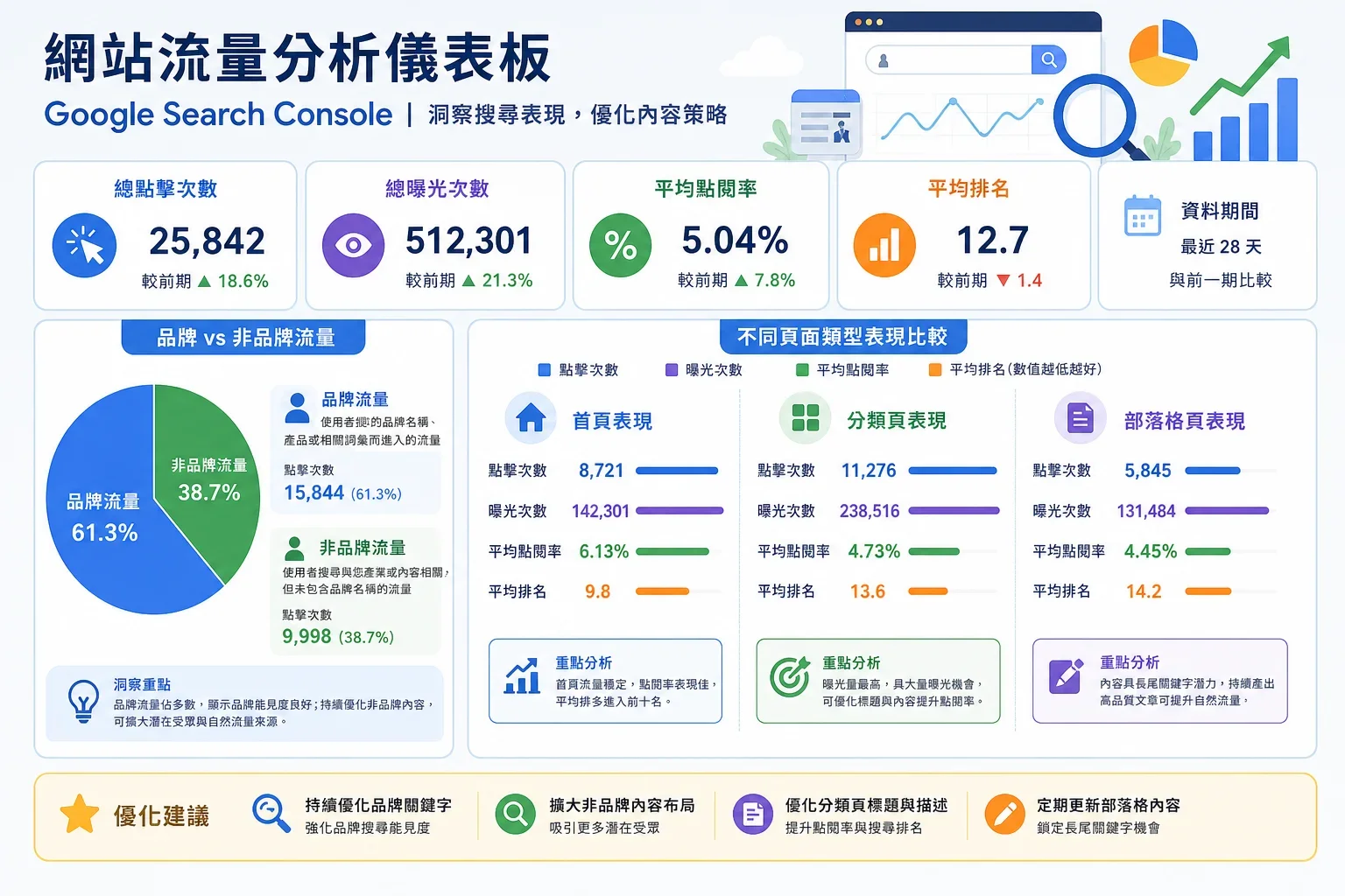 網站流量增長策略：網站流量分析儀表板顯示品牌與非品牌流量的比例及首頁、分類頁、部落格的表現
