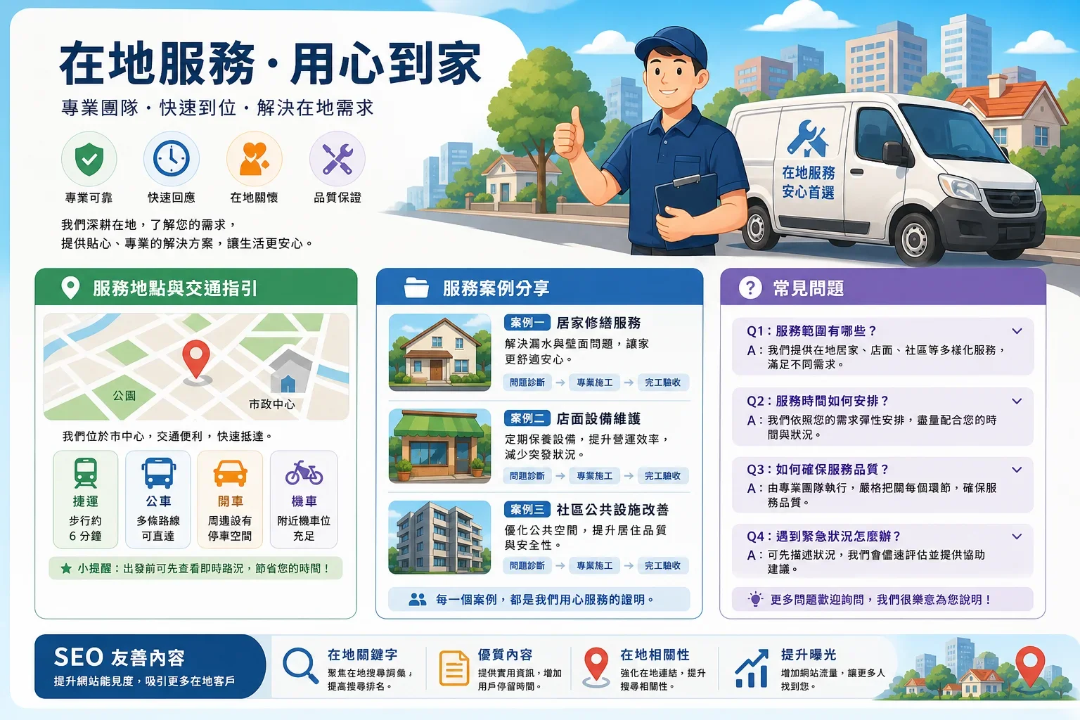 展示網站流量增長策略的本地服務網頁，包含路線、案例研究和常見問題的有效佈局
