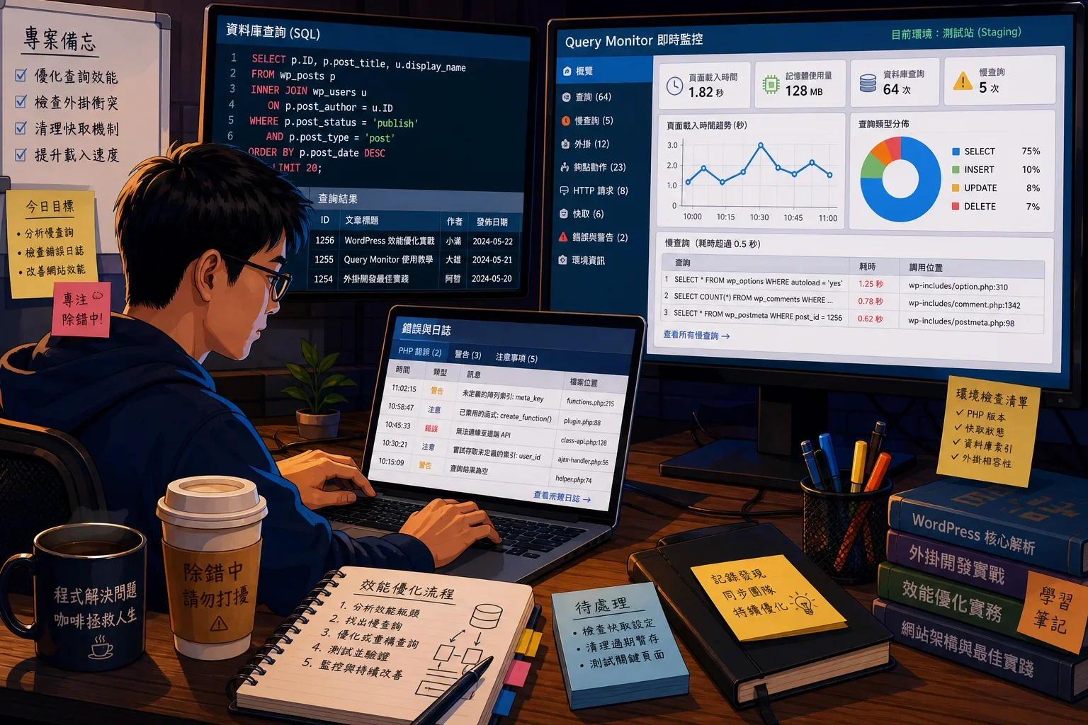 SEO 插件選擇:專注的網頁開發者在檢查測試網站數據,使用 Query Monitor 工具分析 SQL 查詢