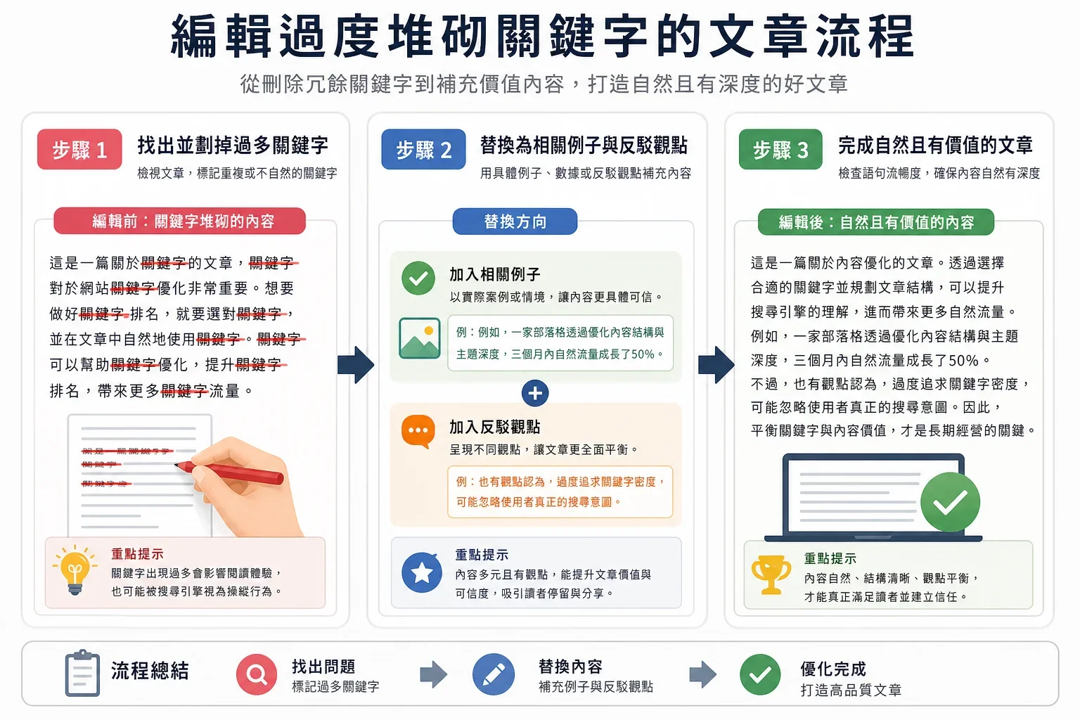SEO 內容最佳實踐：編輯過度關鍵字文章的流程圖，顯示刪除多餘關鍵字後替換為相關例子與反證的步驟