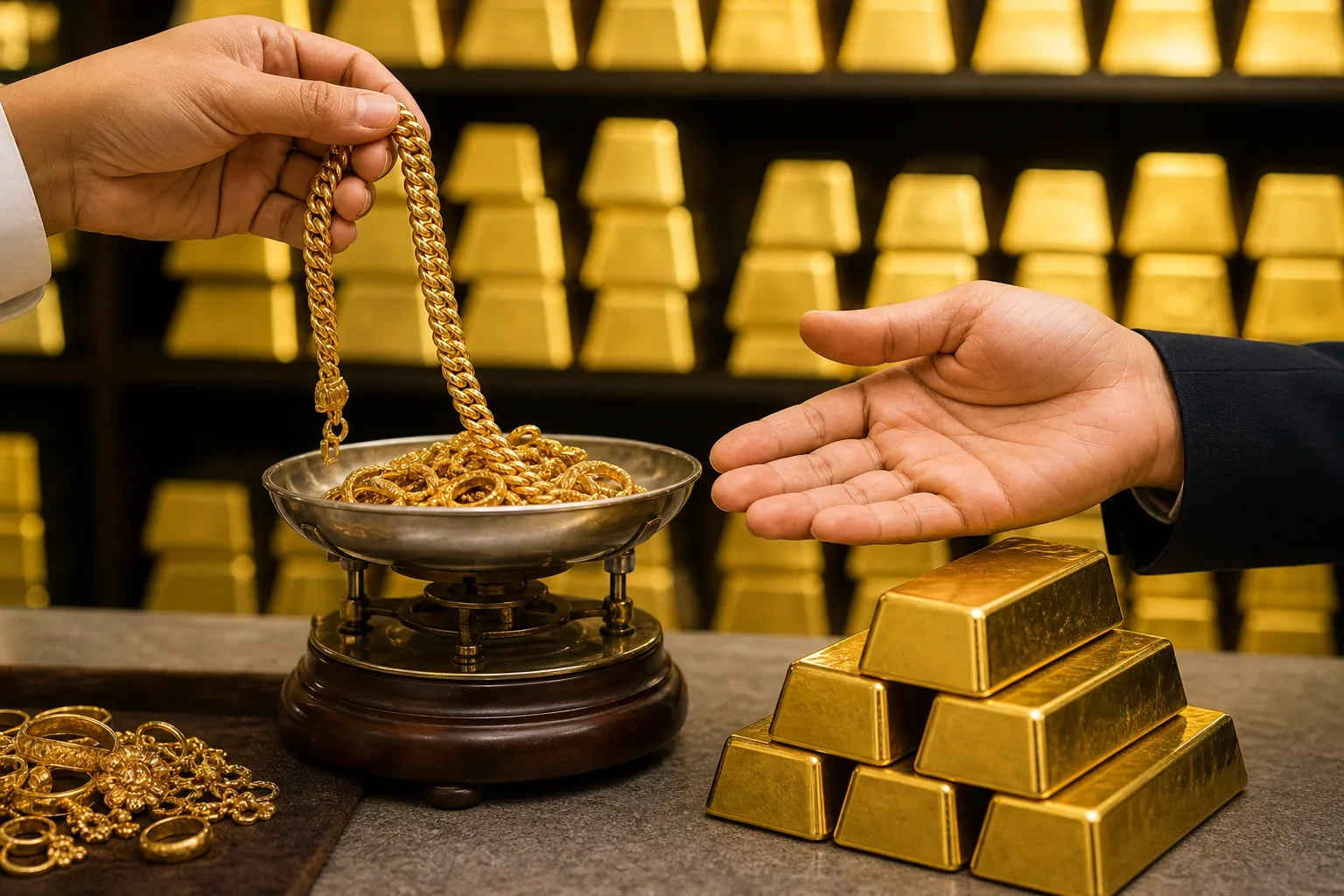 在秤上稱量金鏈的過程中舊金飾換金條價值的評估