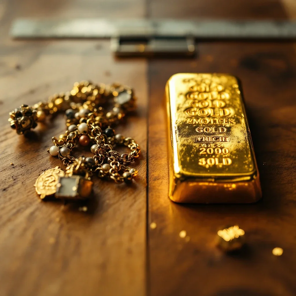 在木桌上比較舊金飾與閃亮金條的價值差異