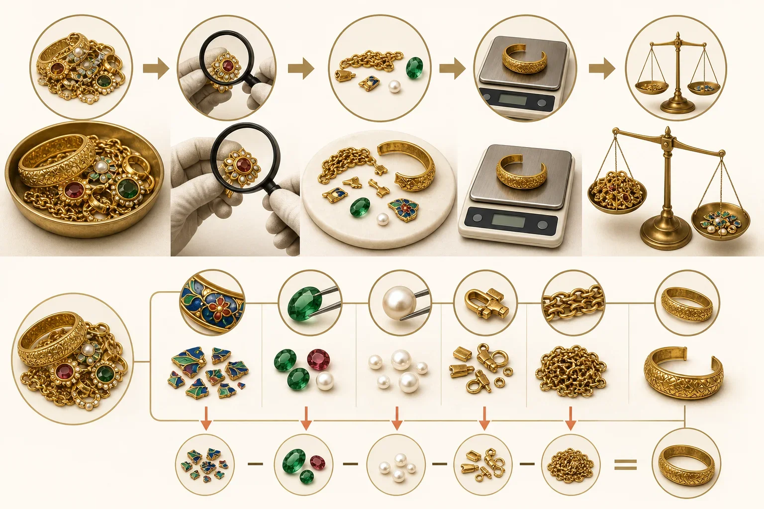 使用天平稱量舊金飾時檢查金屬成分與重量的過程