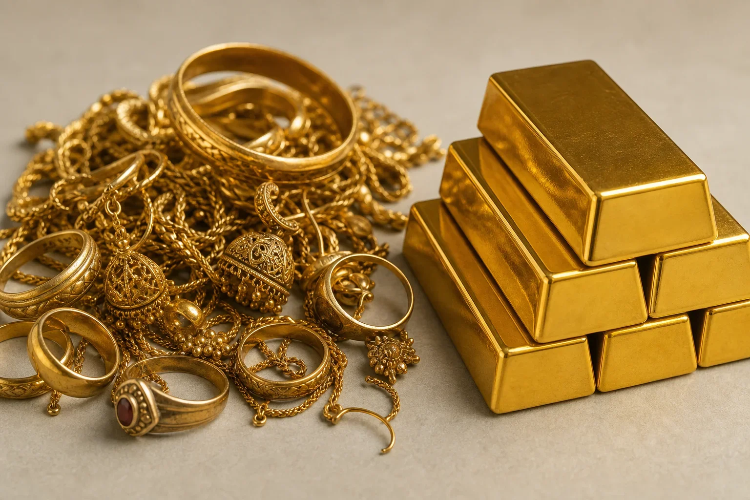 舊金飾與金條的對比展現出價值與外觀的差異