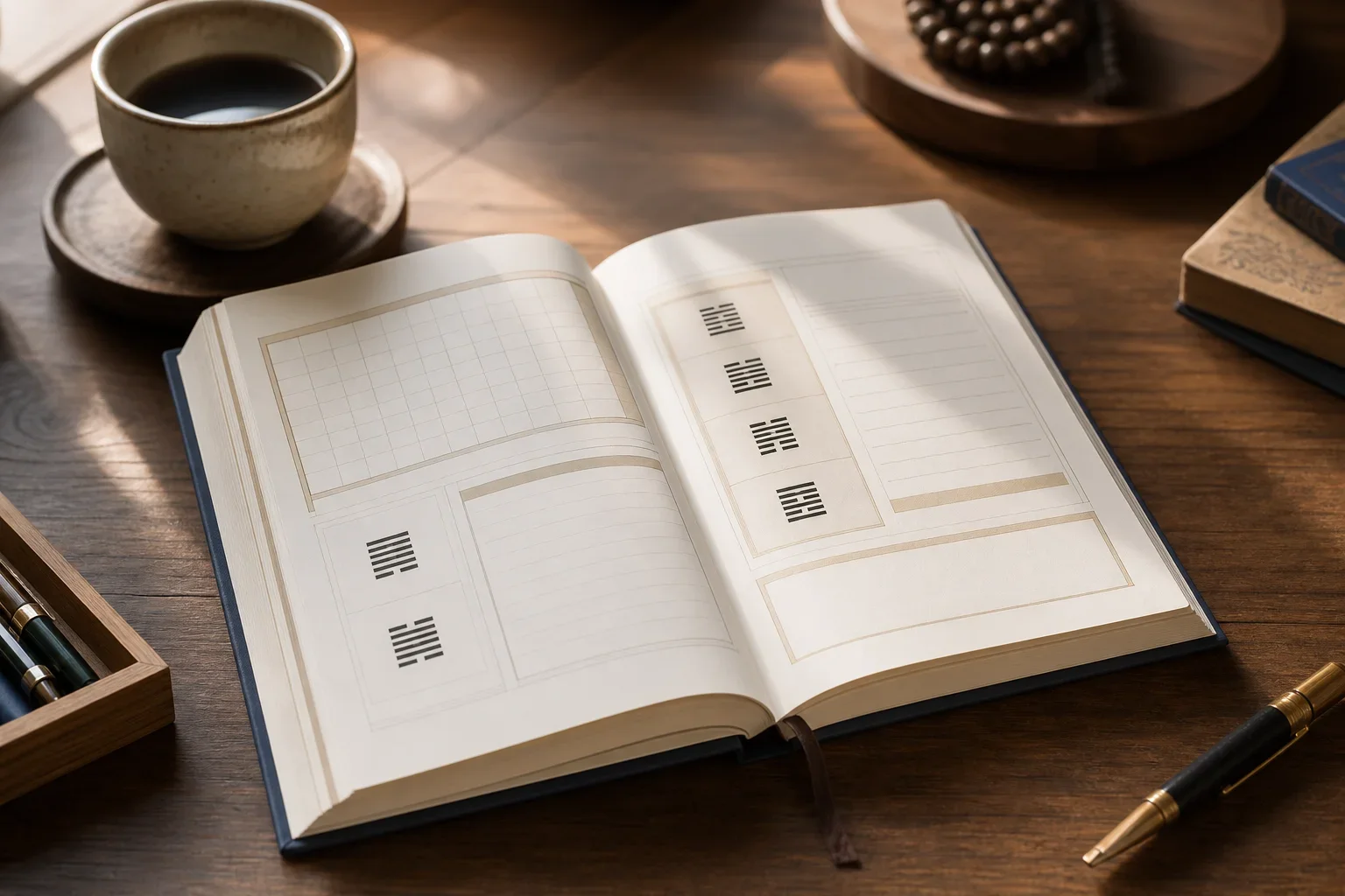 在舒適的讀書環境中翻閱易經入門書籍，桌上擺放著筆和咖啡，內容整齊有序