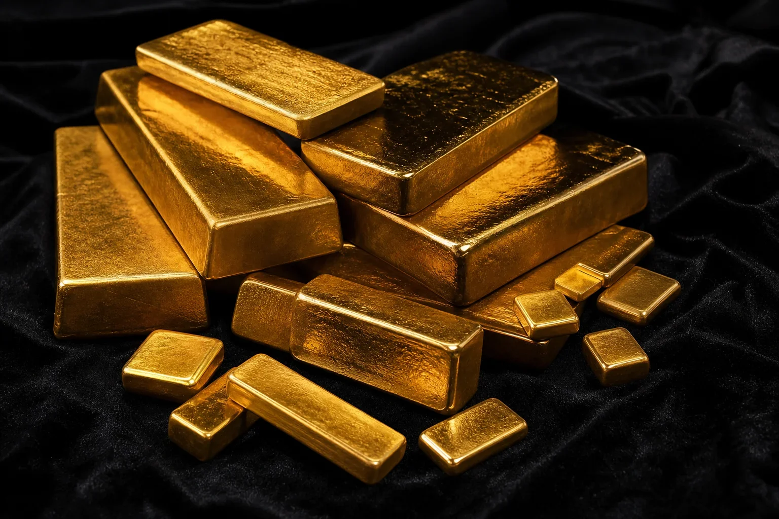 藝術性擺放的金條在柔和燈光下閃耀，展示黃金條塊購買技巧