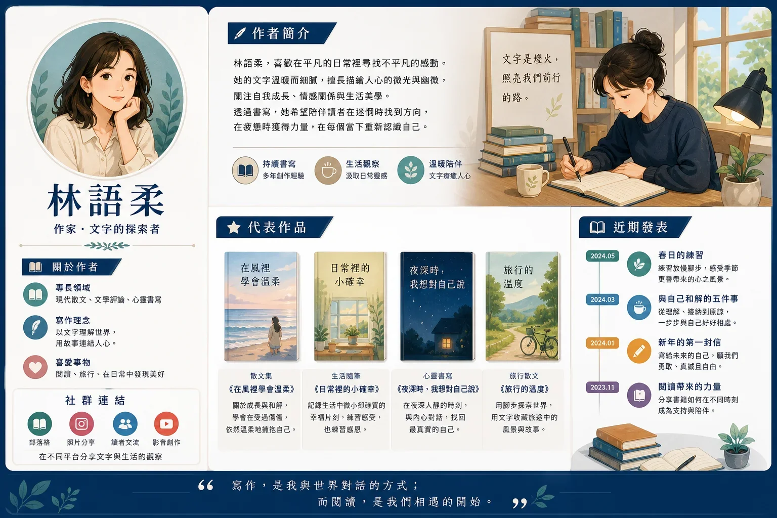 設計精美的作者頁面展示姓名、頭銜、簡介及代表作品,符合針對小型網站的 EEAT 實施指南