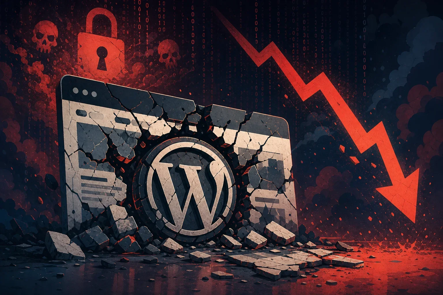 WordPress 漏洞 SEO:警告標誌與下降的搜尋排名圖表顯示WordPress漏洞對SEO的影響