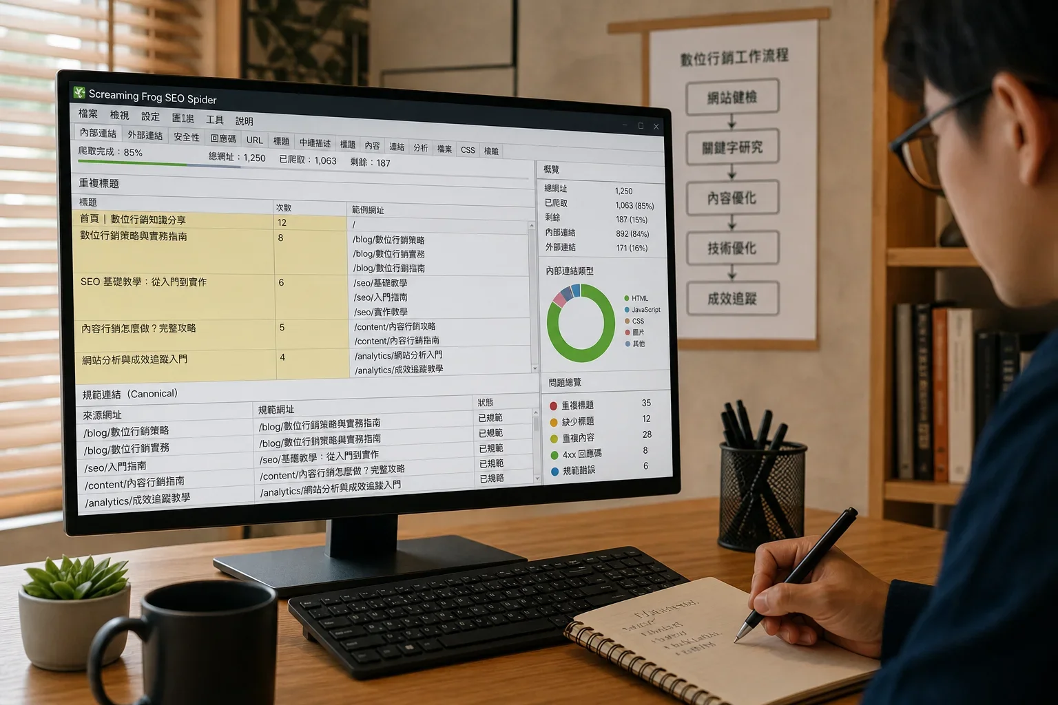 內容重複導致的SEO問題:在溫馨辦公室中,一名人士在筆記本上記錄,桌面顯示Screaming Frog SEO Spider工具進行網站爬蟲,重複標題和canonical鏈接被標示