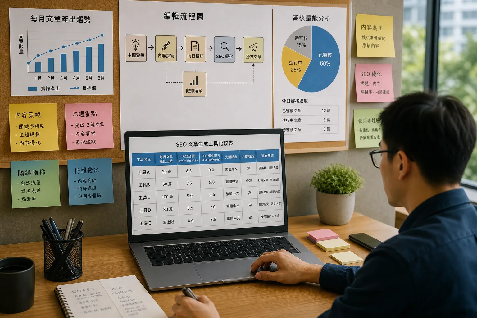SEO 文章生成工具：在現代辦公室中，分析數據的工作人員使用筆記型電腦，周圍有便條紙和顯示文章產量的圖表，呈現SEO文章生成工具的比較