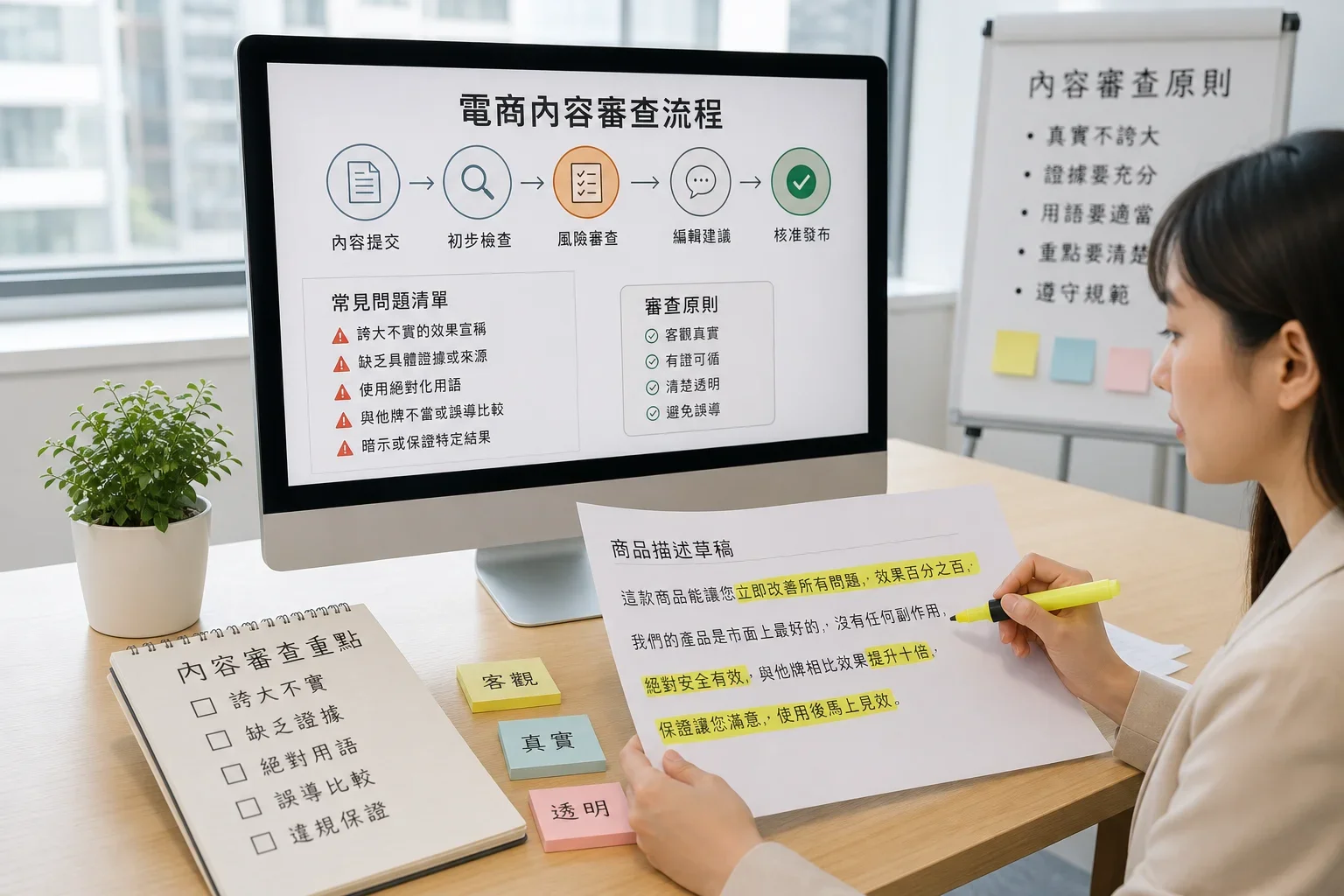 AI 文章品質檢測工具:在明亮的辦公室環境中,檢查人員針對AI文章品質檢測工具的常見問題進行審核