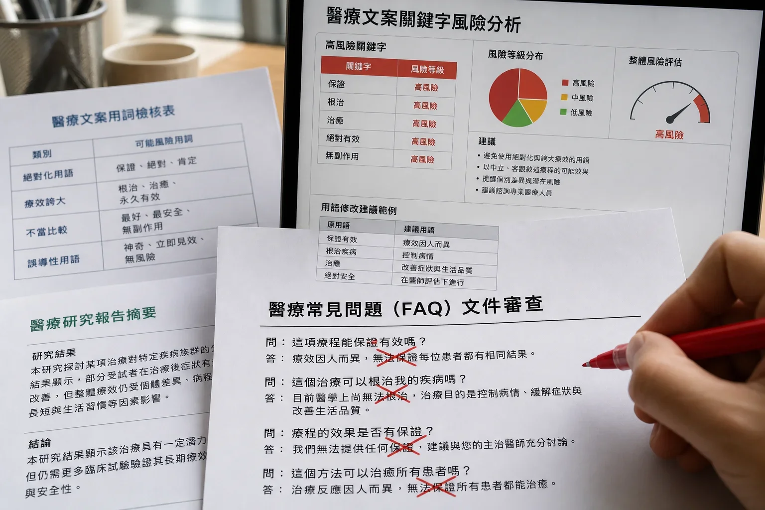 行業特定的 SEO 寫作策略：文件特寫中用紅筆標注醫療FAQ中的風險詞語，展現行業特定的SEO寫作策略