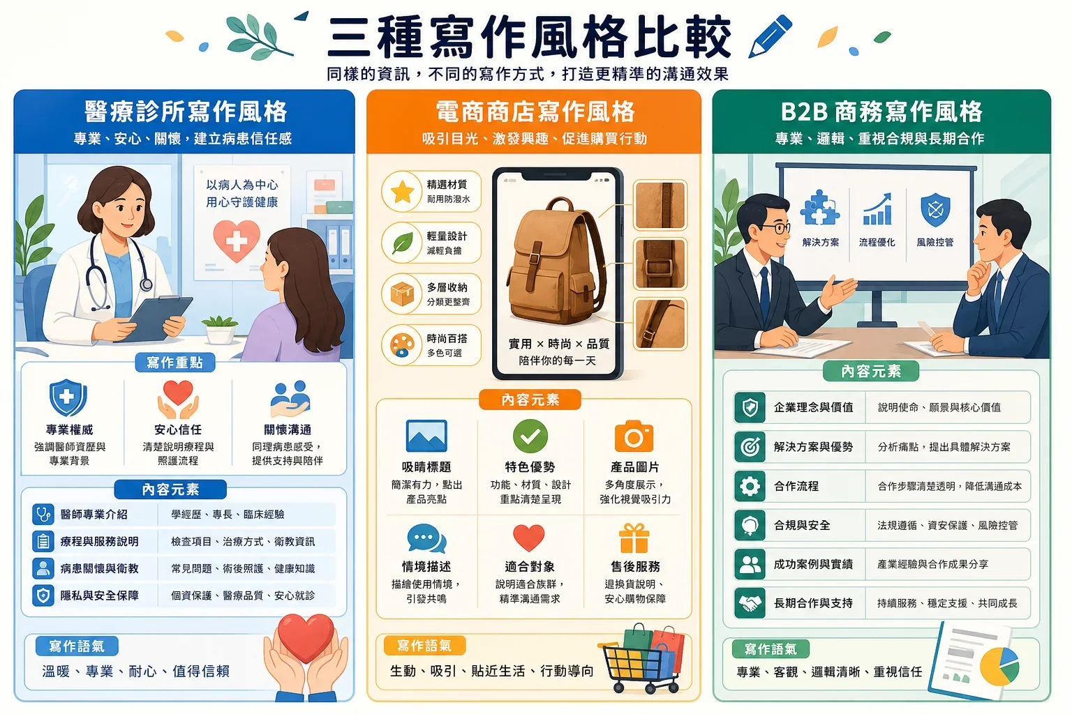展示醫療診所、電商和B2B內容三種寫作風格的比較，強調SEO寫作失誤的影響