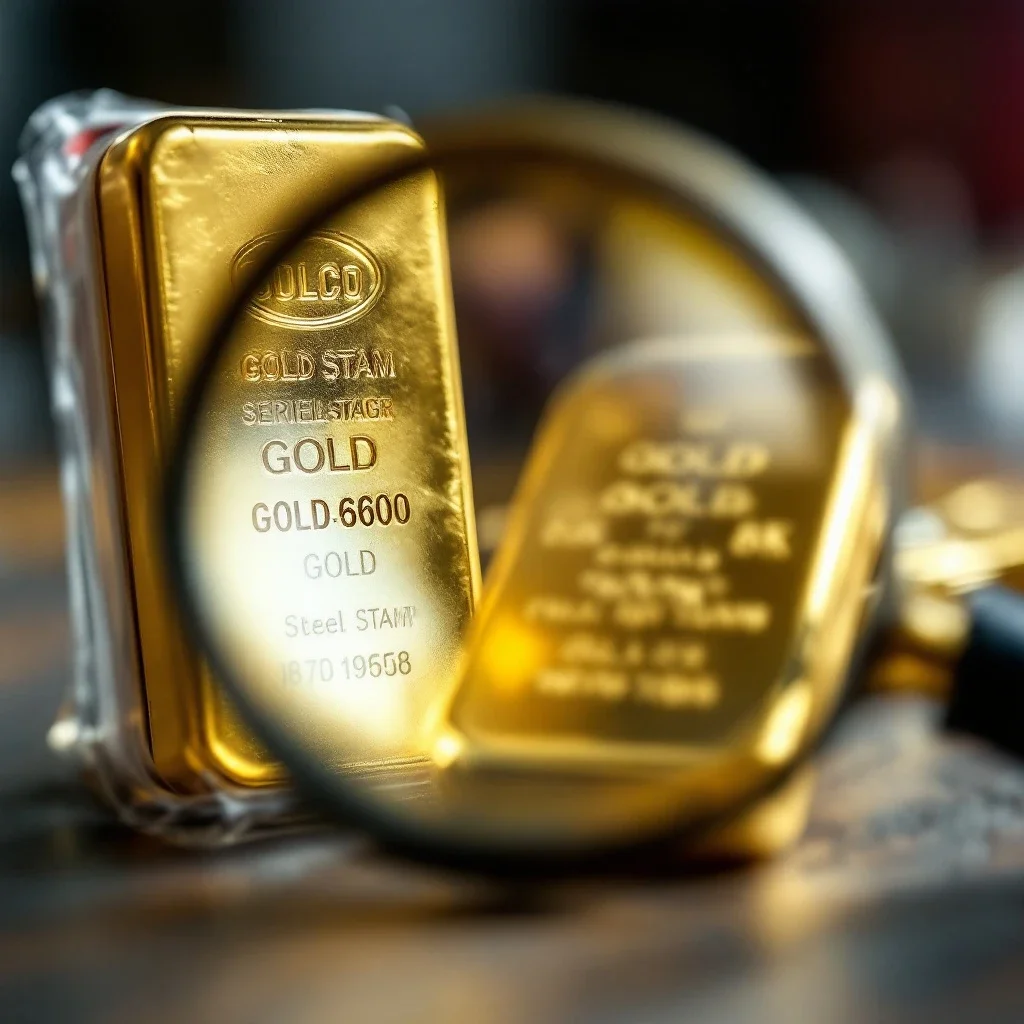 放大鏡聚焦在金條上的鋼印細節與包裝，回收黃金金條注意事項