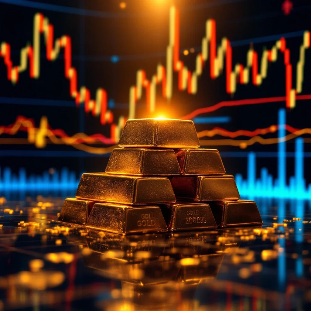 堆疊的金條在波動的黃金價格圖表前展現舊金飾換金條評估的市場變化