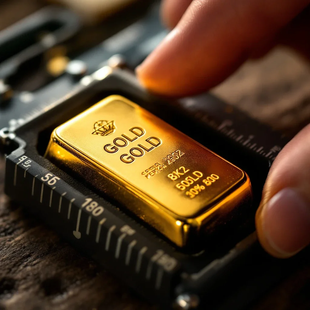 手握金條測量尺寸展現黃金金條回收價值計算的關鍵特徵