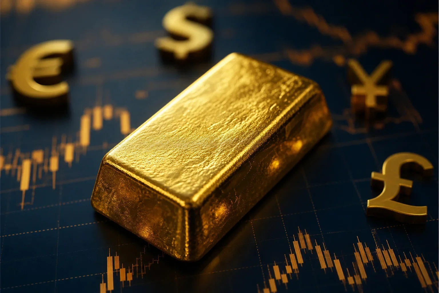 金條與金融圖表背景交相輝映展現黃金金條交易安全的重要性