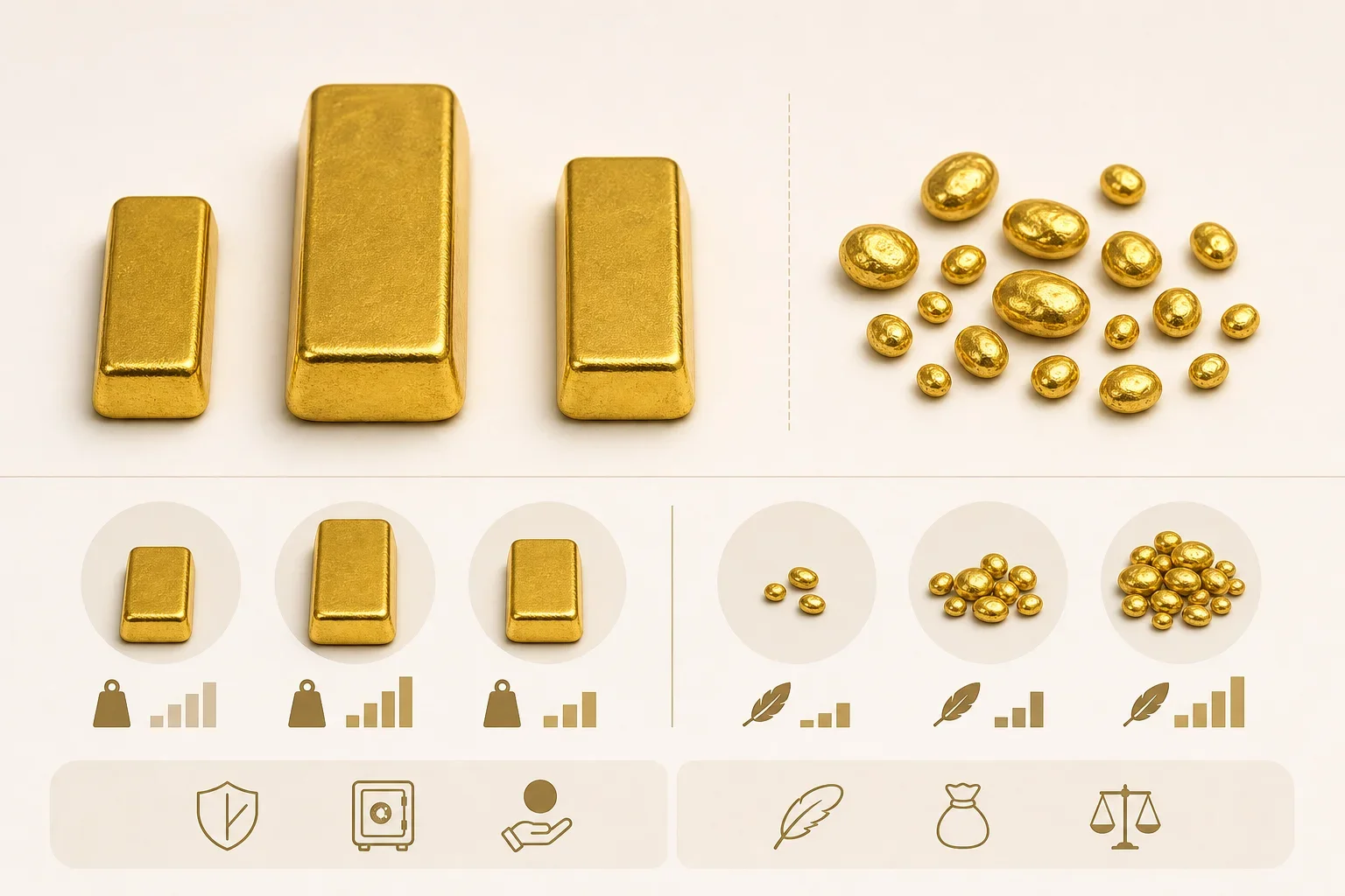 展示不同重量的金條與金豆比較，舊金飾換金條的價值差異
