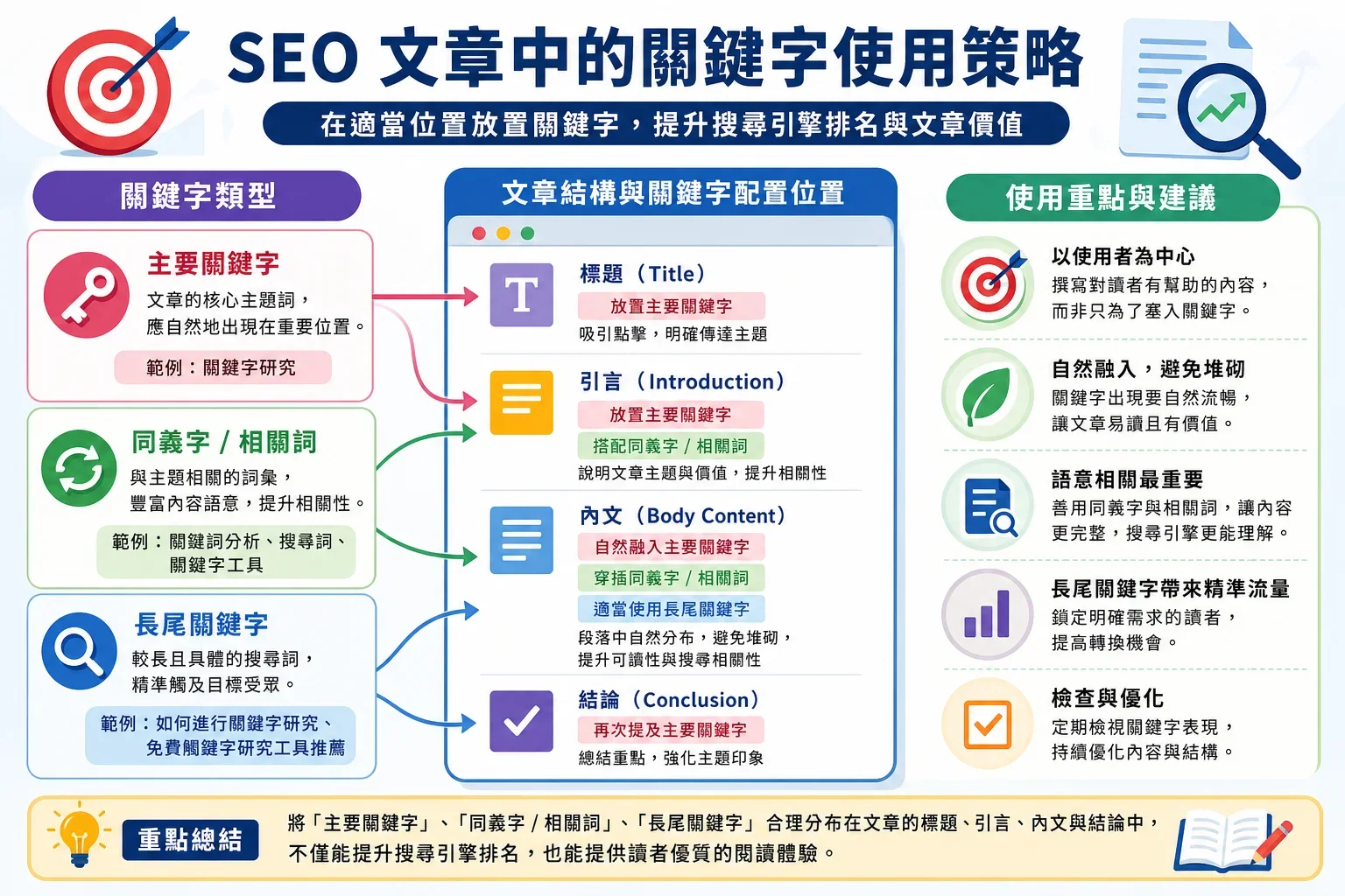 SEO寫作失誤：展示關鍵字使用在SEO寫作中的不同分類與位置