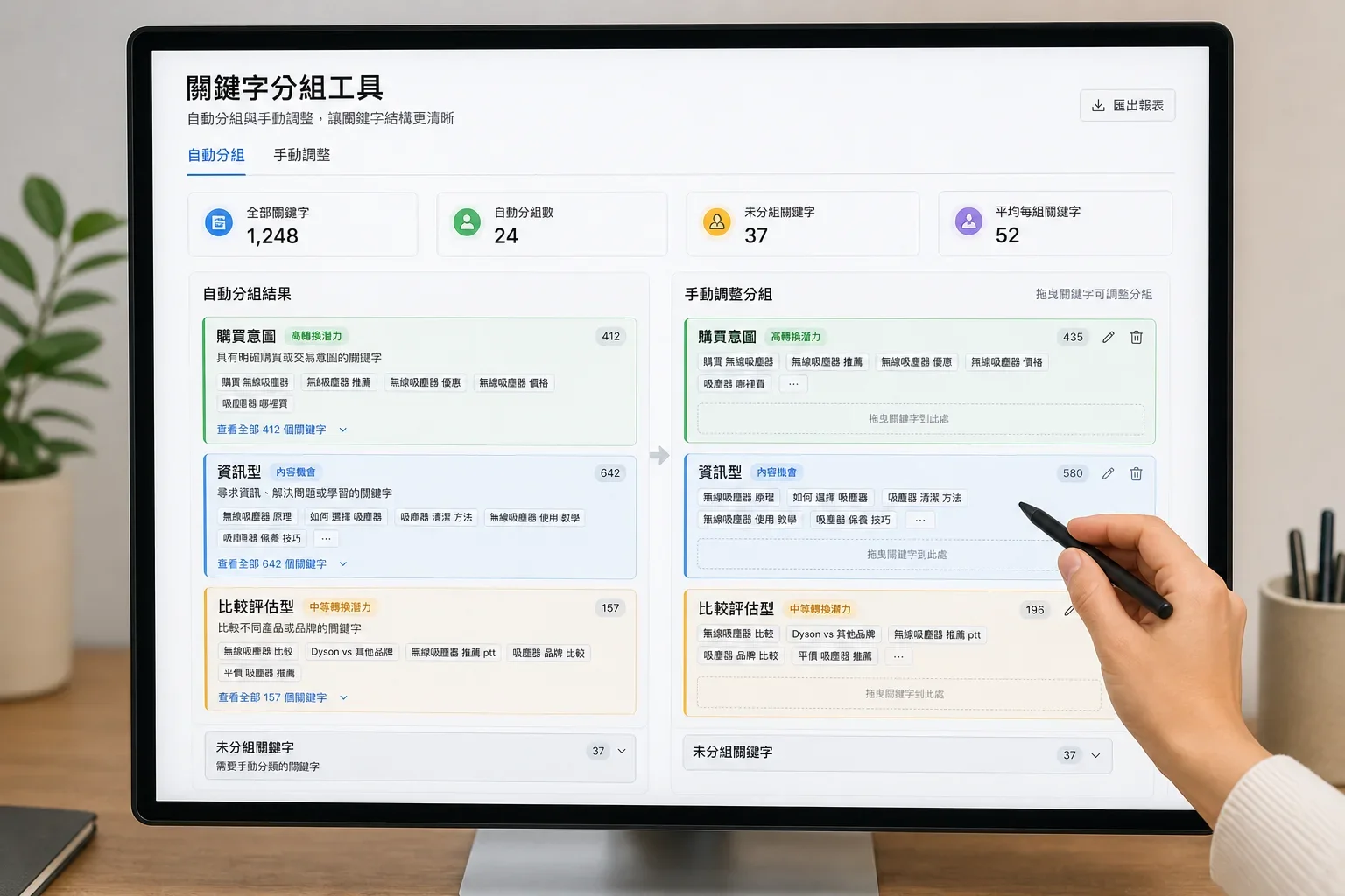 如何評估 SEO 工具:在關鍵字工具介面中,自動將關鍵字分組為購買意圖、資訊性和比較類別,並顯示用戶手動調整的畫面