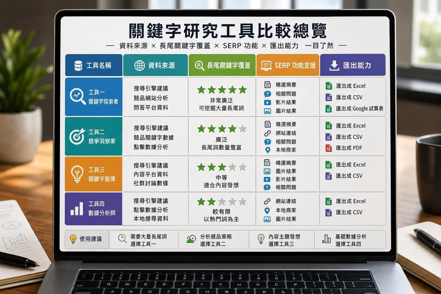 關鍵字研究選擇失誤:在專業工作空間中展示的關鍵字研究工具比較圖,強調數據來源與長尾關鍵字覆蓋
