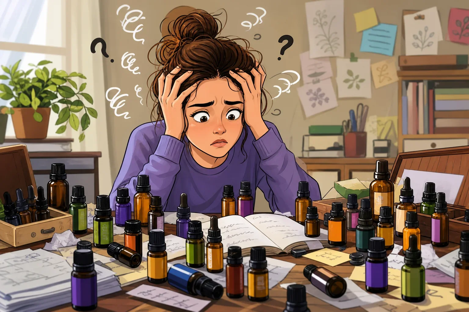 在雜亂的房間中,一個人被精油瓶圍繞,表情困惑且頭痛,探討精油情緒影響的常見誤區