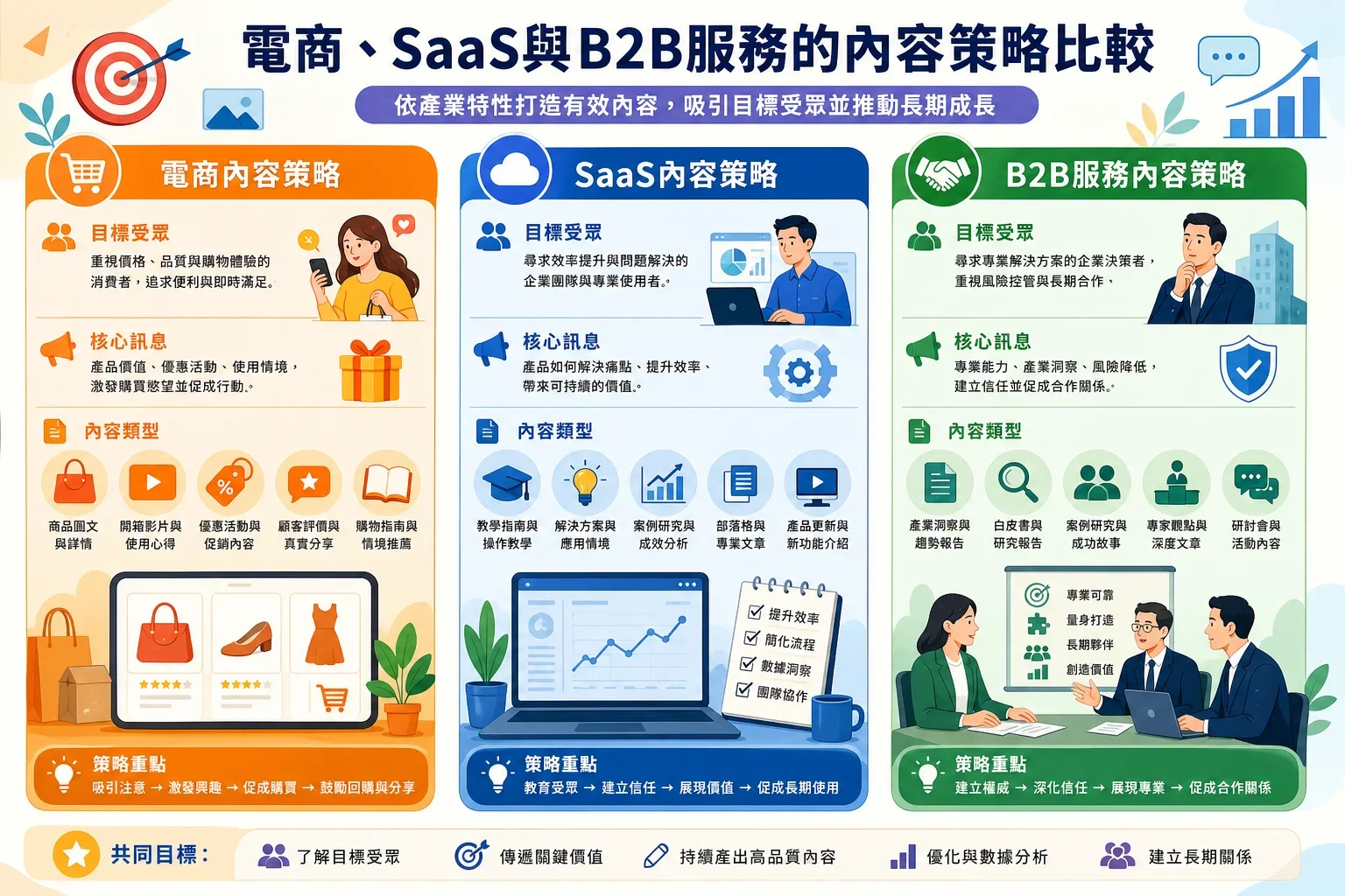 自動化寫作技術:展示電商、SaaS及B2B內容策略的插圖,強調目標受眾與內容類型