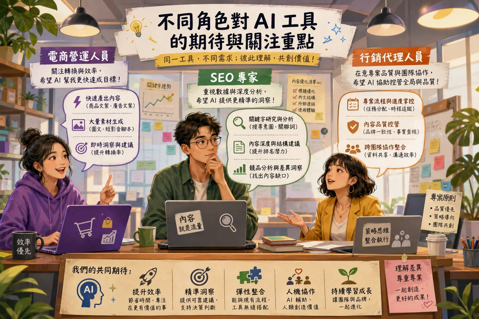 AI工具使用建議和技巧:展示電商、SEO、代理商對AI工具的需求與擔憂的插畫