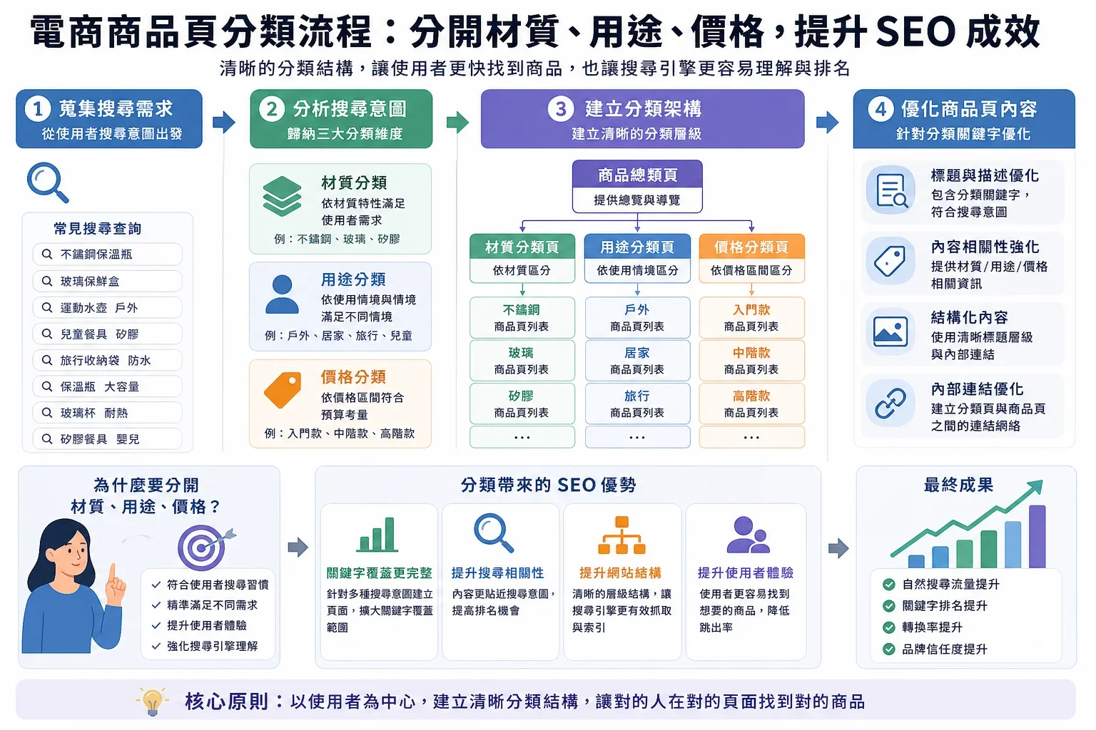 行業AI寫作應用:展示電商商品頁分類過程的資訊圖,強調材質、用途與價格的分離