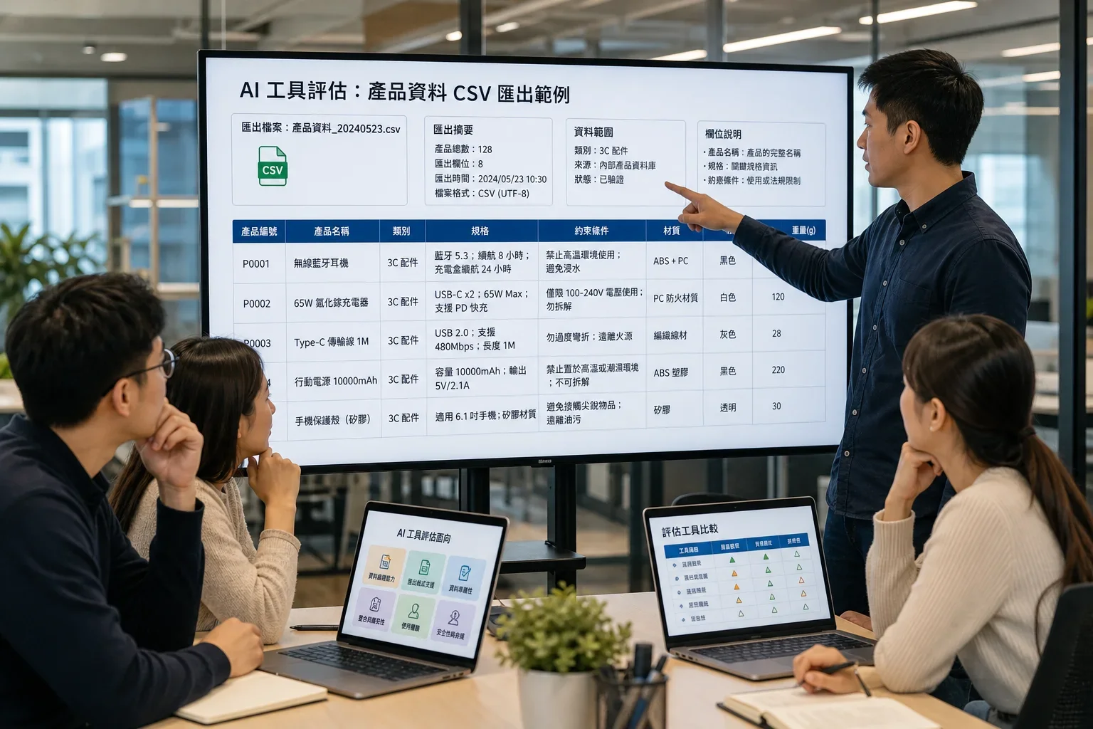 如何選擇適合的AI工具:電商團隊在現代辦公室中評估AI工具,專注於顯示產品資料的電子表格