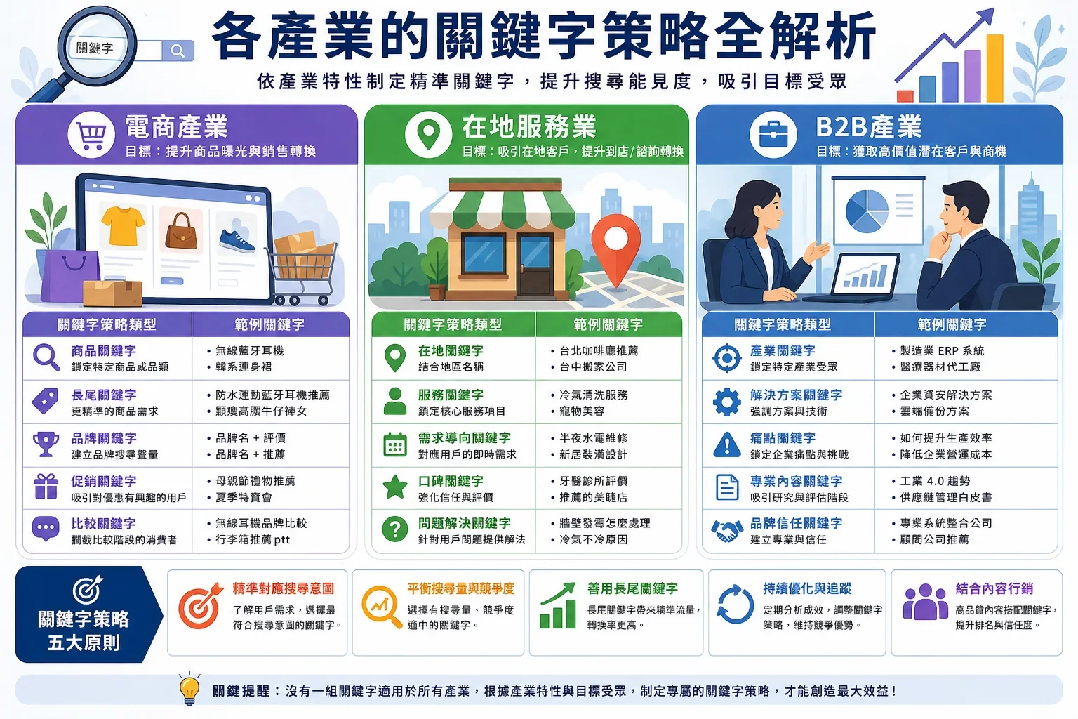 關鍵字工具選擇：展示電商、在地服務和B2B產業的關鍵字策略圖示
