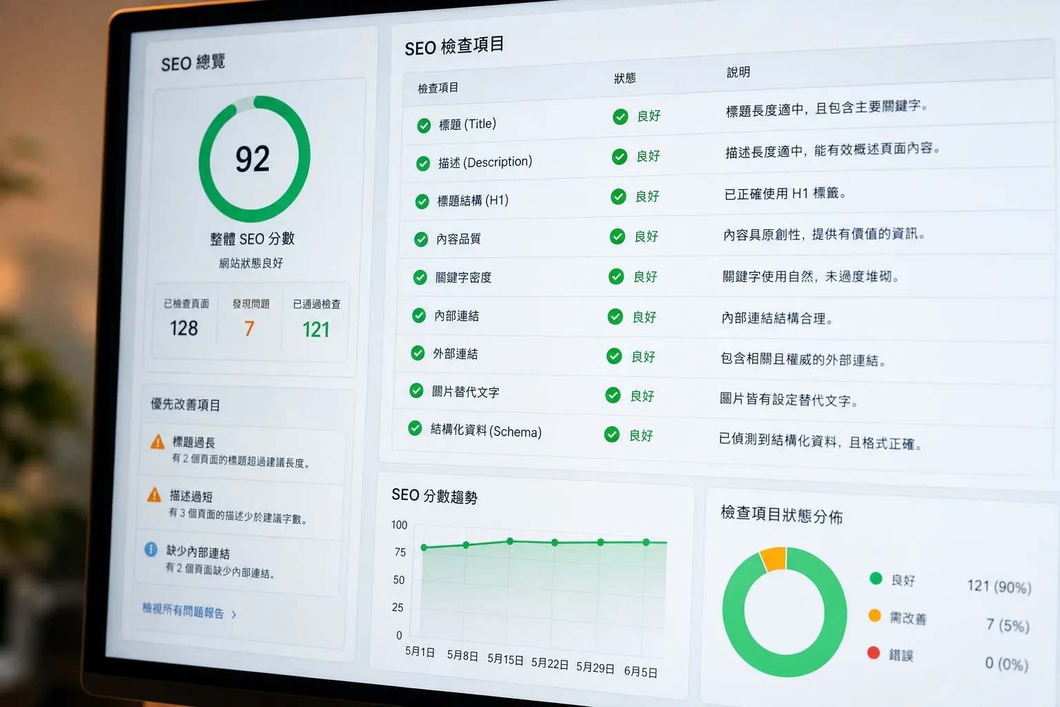 SEO 插件選擇:電腦螢幕上顯示的SEO插件儀表板,綠燈指示多項SEO指標,強調功能與改進建議