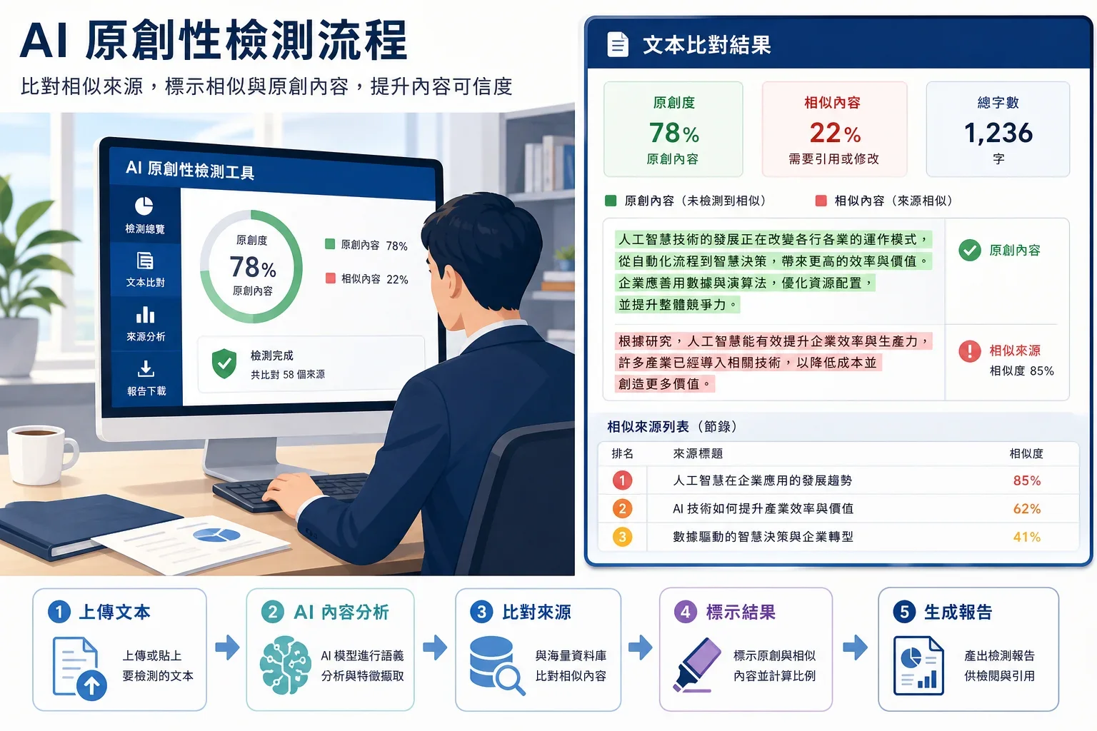展示 AI 文章品質檢測工具介面的電腦螢幕，分析文本的相似度與差異