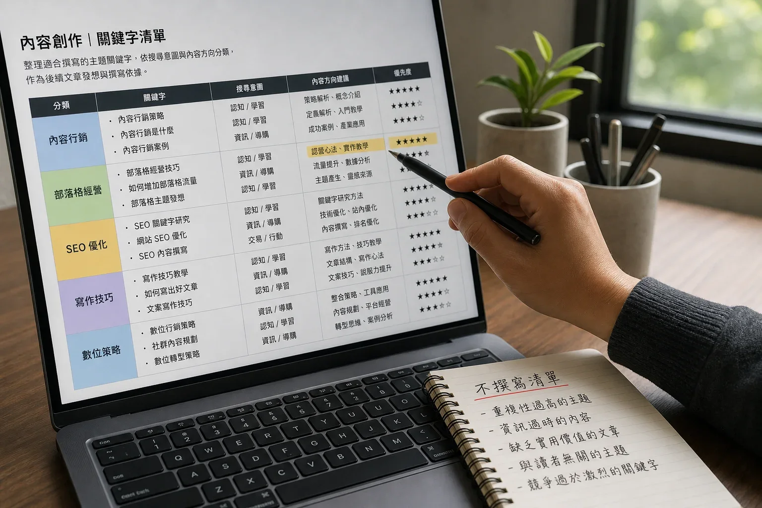 手指在電腦螢幕上標記關鍵字以進行中小企業AI工具推薦